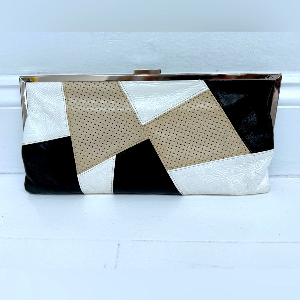 HOBO Black, White & Tan Patchwork Leather Clutch